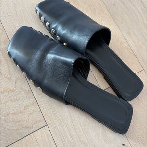 ALOHAS Black Leather Mules with Silver Accents